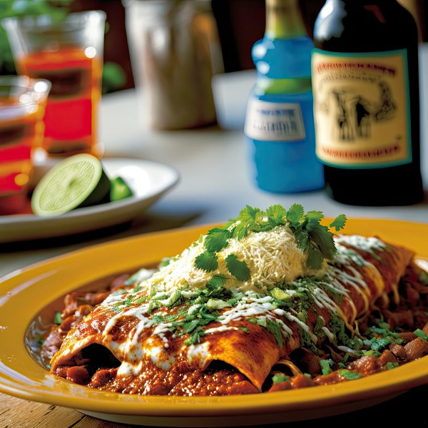Plate of enchiladas on table with various bottles in the background
