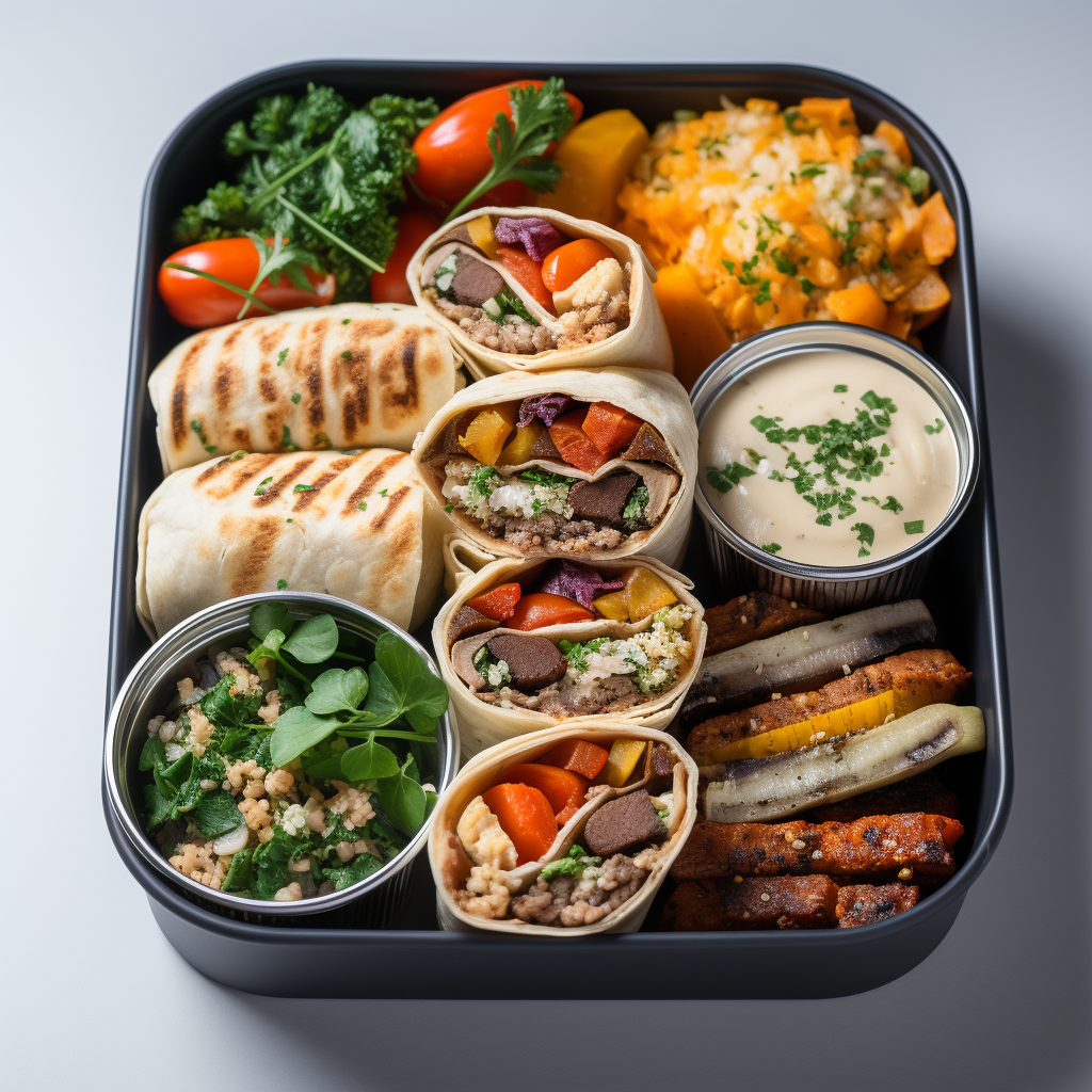 Bento box of mushroom fajita wraps with dipping sauce, quinoa salad and roasted vegetables