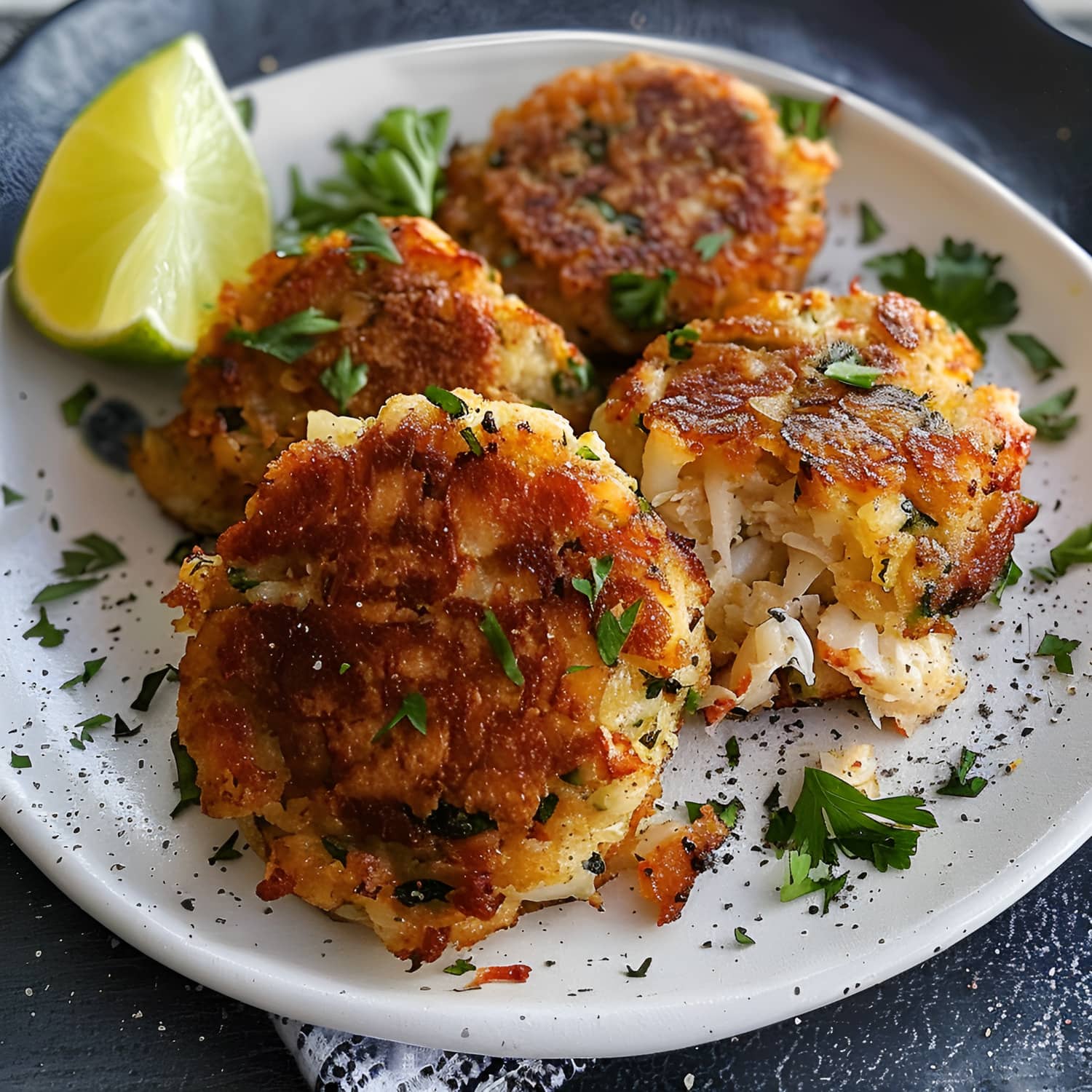 Three golden lion's mane crab cakes on a white plate with lime and parsley