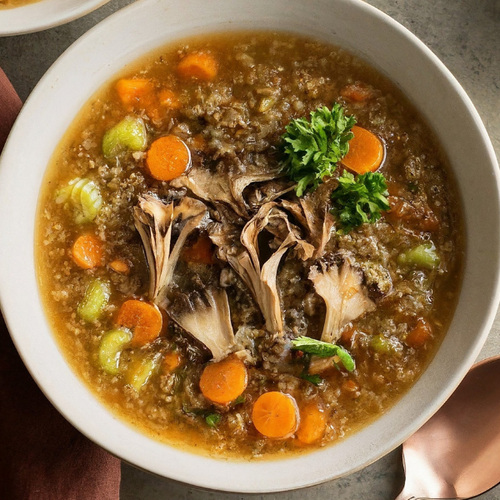 Bowl of maitake and quinoa soup with carrots, celery and parsley