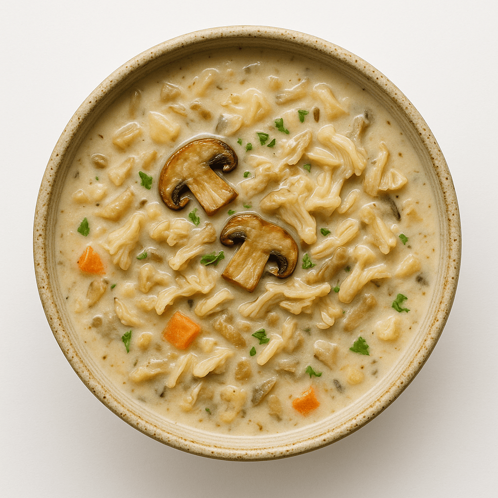 Bowl of creamy mushroom and root vegetable chowder topped with sliced mushrooms