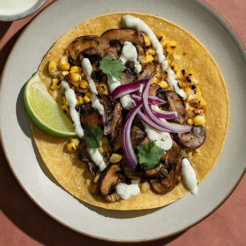 Corn tortilla taco filled with wild mushrooms, charred corn, red onion and lime crema