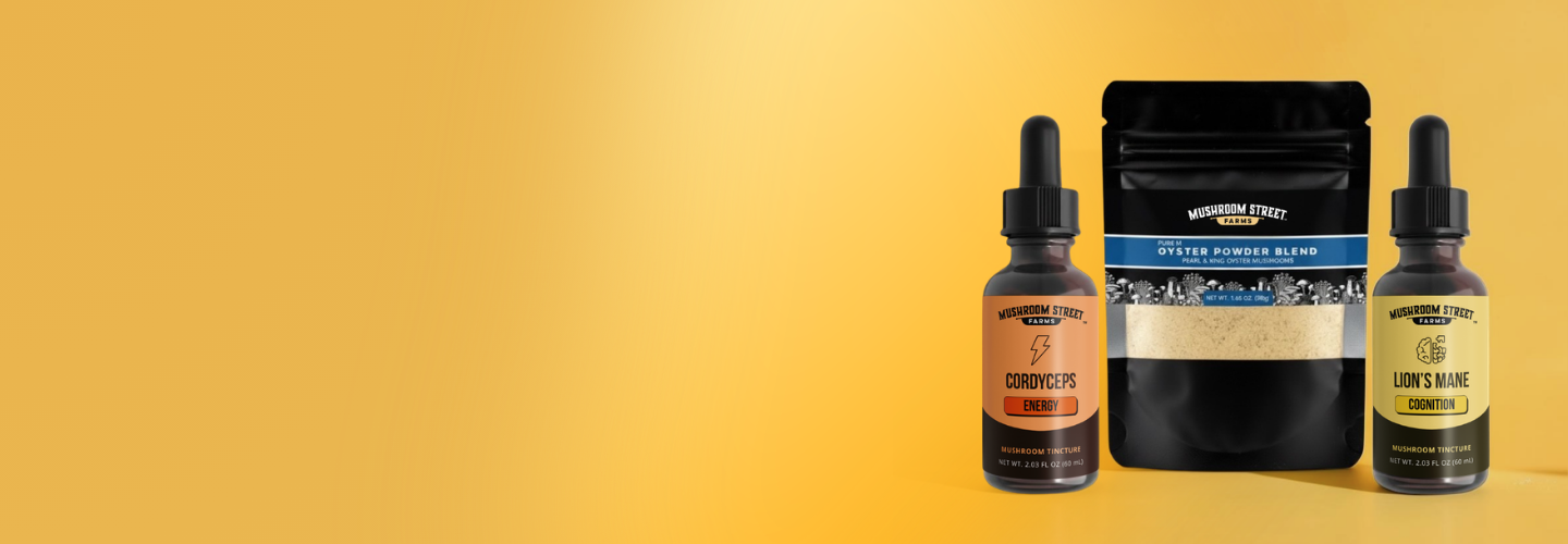 Cordyceps and Lion's Mane tincture bottles beside a pouch of Oyster Powder Blend on a golden yellow background
