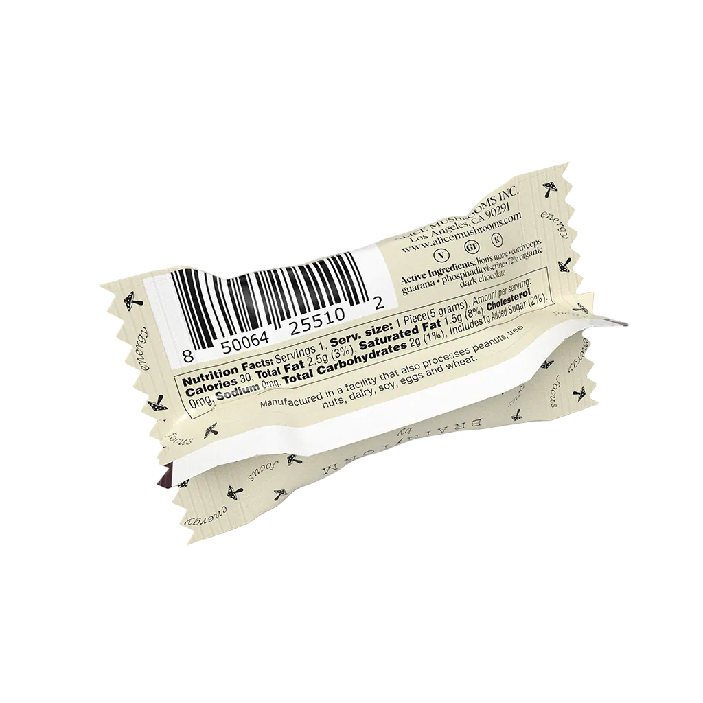 Back of the wrapped Alice Brainstorm mushroom chocolate showing the barcode and nutrition information