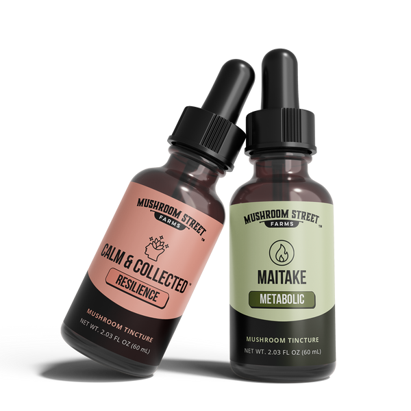 Calm & Collected and Maitake mushroom tincture bottles side by side, the Relax + Recharge anxiety support duo