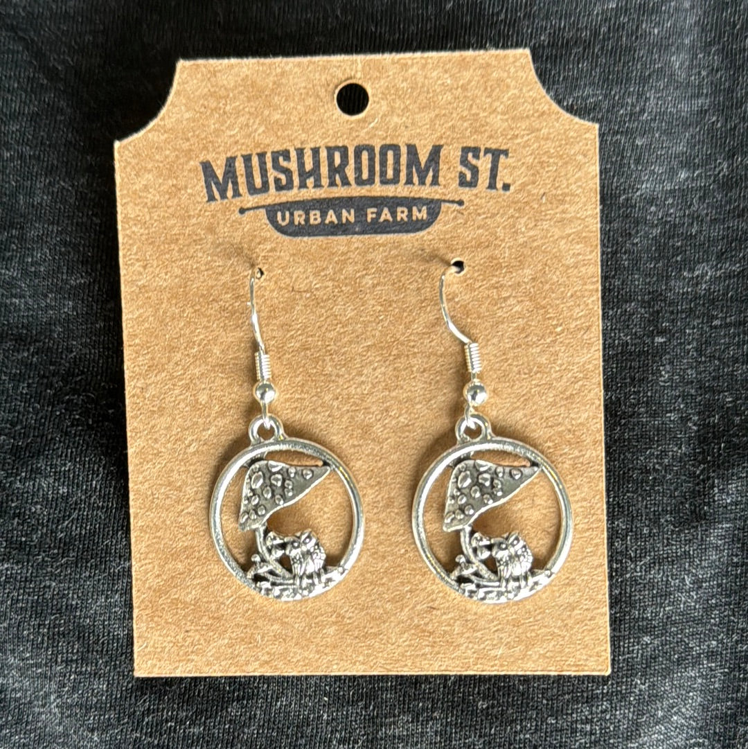 Round Silver Mushroom Owl Earrings