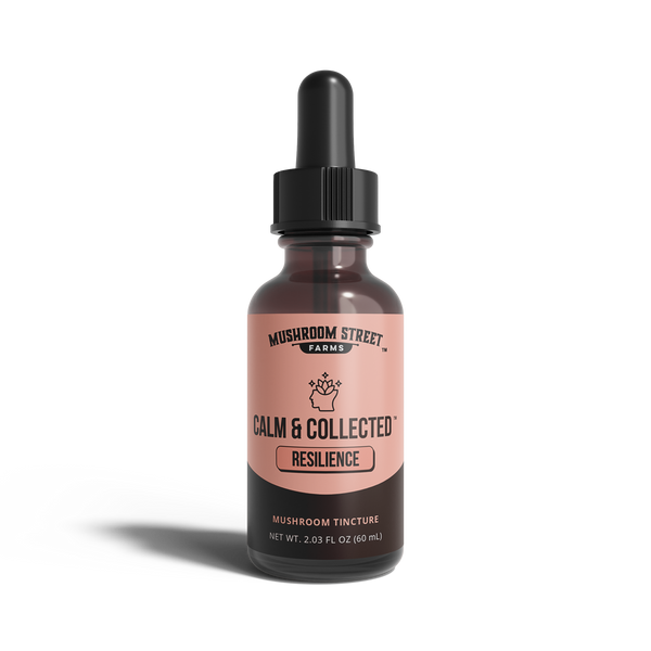 Amber dropper bottle of Mushroom Street Farms Calm & Collected Resilience mushroom tincture, 2.03 fl oz