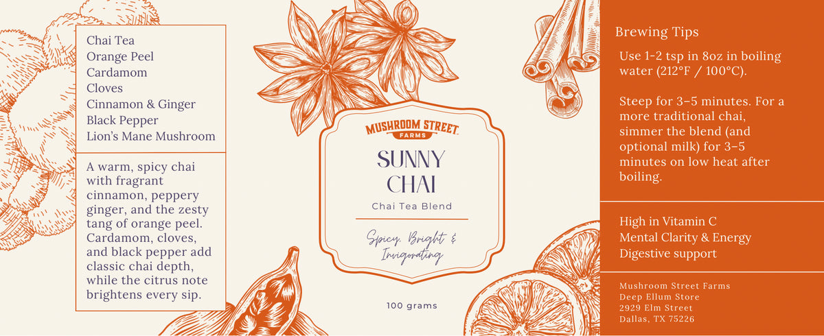 Back label of the Sunny Chai tea blend tin listing ingredients, brewing tips and benefits