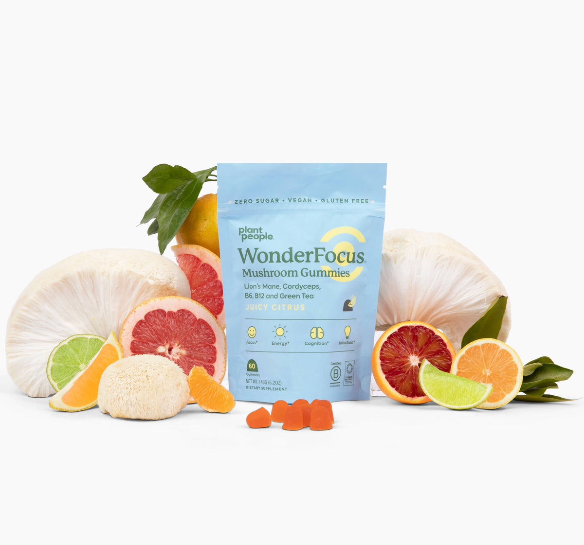 WonderFocus mushroom gummy pouch surrounded by citrus fruit and lion's mane mushrooms