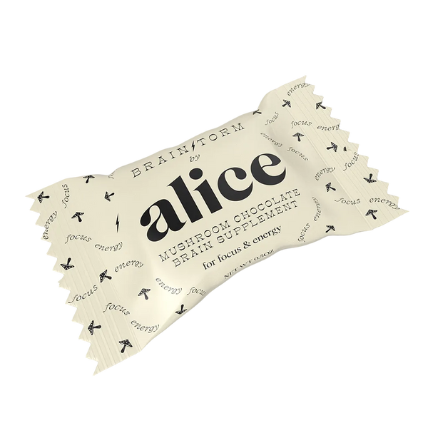 Individually wrapped cream-coloured Alice Brainstorm mushroom chocolate for focus and energy