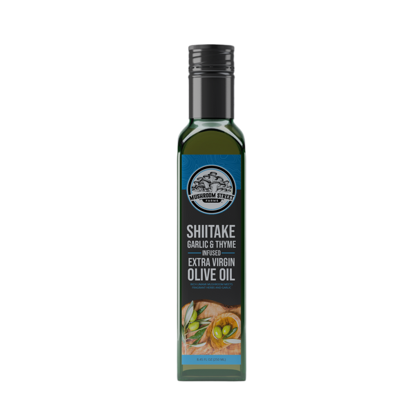 Bottle of Mushroom Street Farms shiitake, sage and thyme infused extra virgin olive oil on a white background