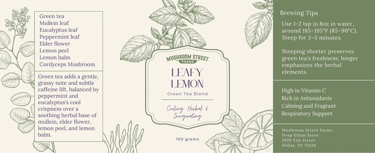 Back label of the Leafy Lemon tea blend tin listing ingredients, brewing tips and benefits