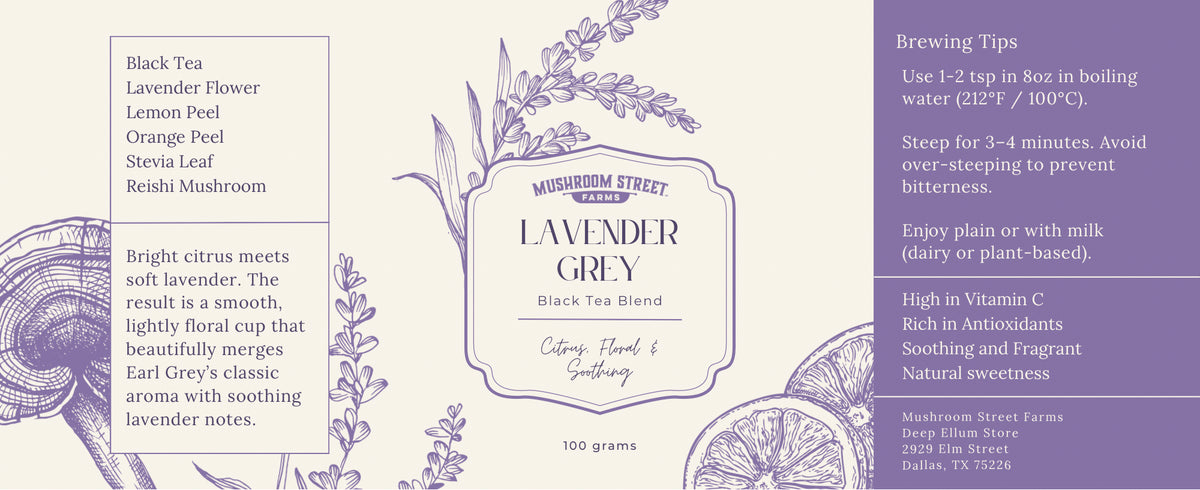 Back label of the Lavender Earl Gray tea blend tin listing ingredients, brewing tips and benefits