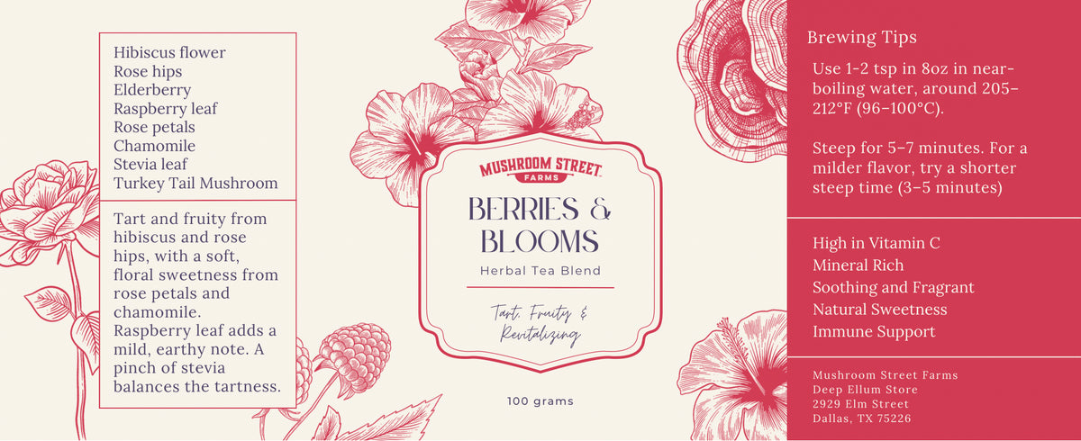 Back label of the Berries & Blooms tea blend tin listing ingredients, brewing tips and benefits