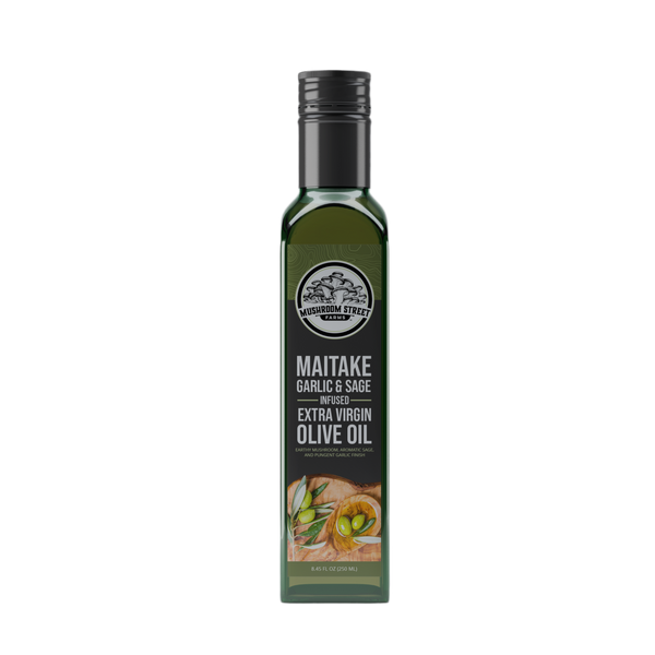 Bottle of Mushroom Street Farms maitake, garlic and sage infused extra virgin olive oil on a white background