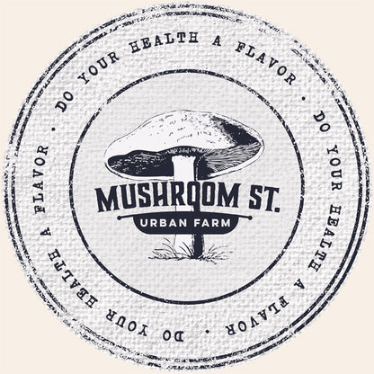 Stamp variation of Mushroom Street Urban Farm on cream background with text around reading "Do Your Health a Flavor"