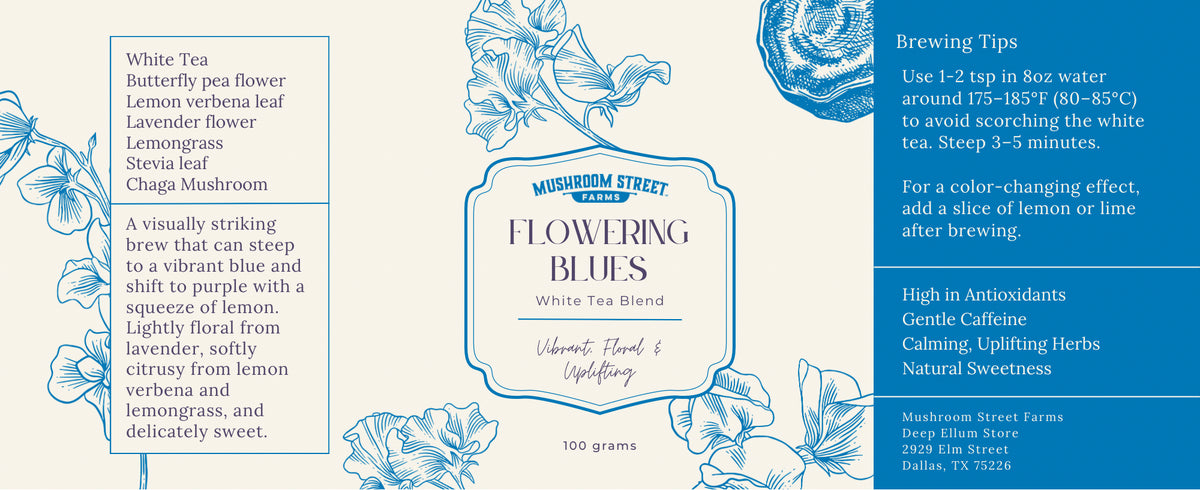 Back label of the Flowering Blues tea blend tin listing ingredients, brewing tips and benefits