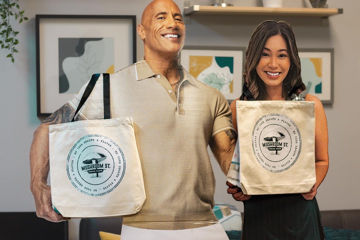 Dwayne "The Rock" Johnson cutout with Lyna's cutout holding Mushroom Street tote bags
