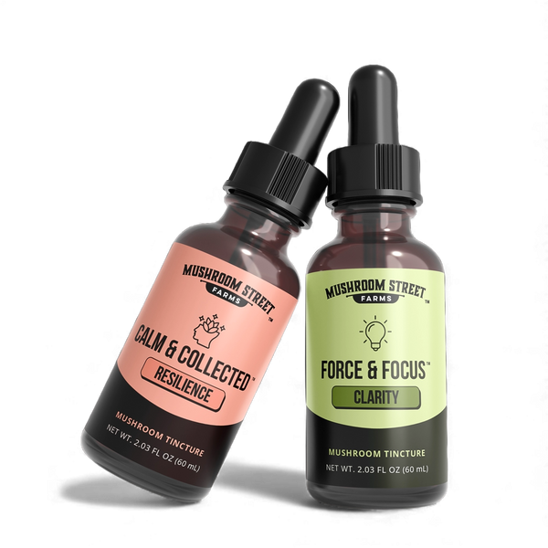 Calm & Collected and Force & Focus mushroom tincture bottles side by side, the Calm + Clarity mood and mind duo