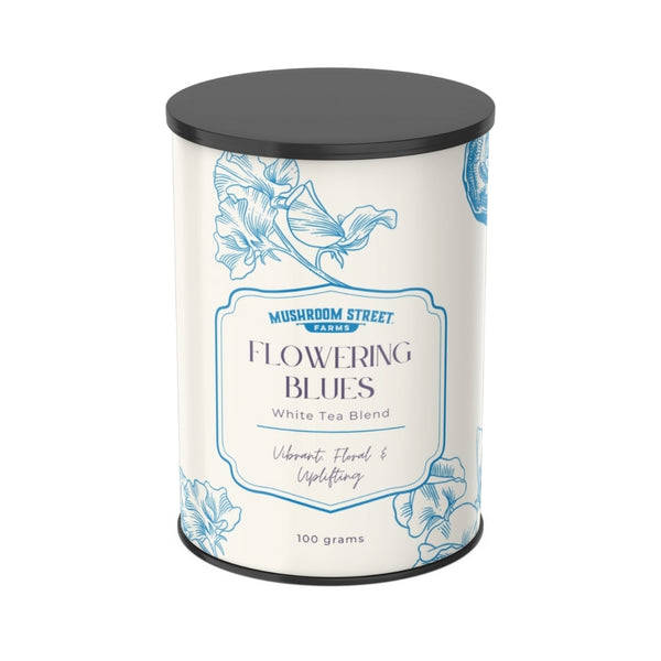 Tin of Mushroom Street Farms Flowering Blues herbal tea blend