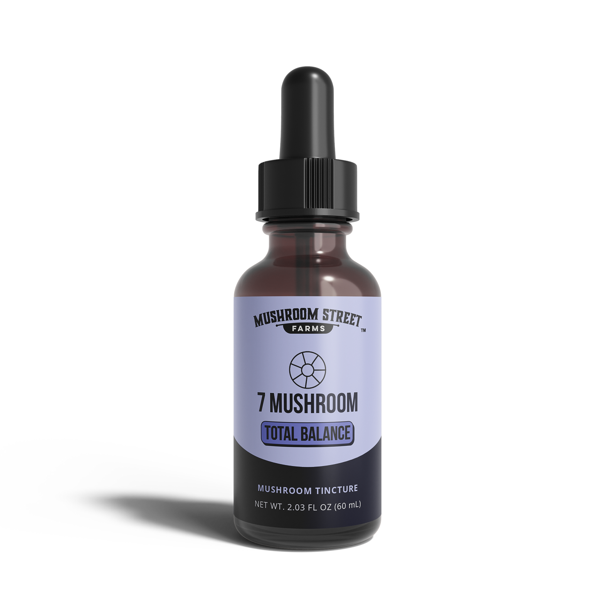 Bottle of '7 Mushroom Total Balance' tincture from Mushroom Street Farms on a white background