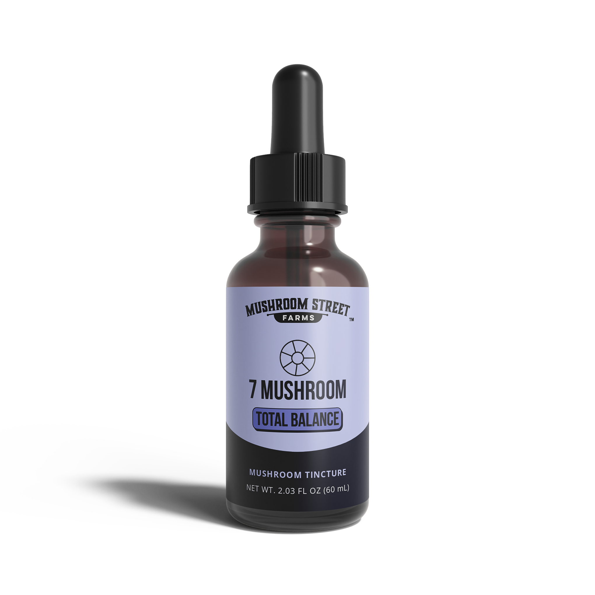 Bottle of '7 Mushroom Total Balance' tincture from Mushroom Street Farms on a white background