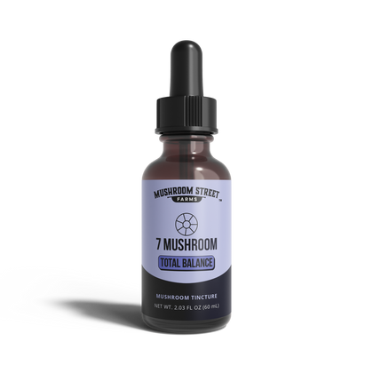 Bottle of '7 Mushroom Total Balance' tincture from Mushroom Street Farms on a white background