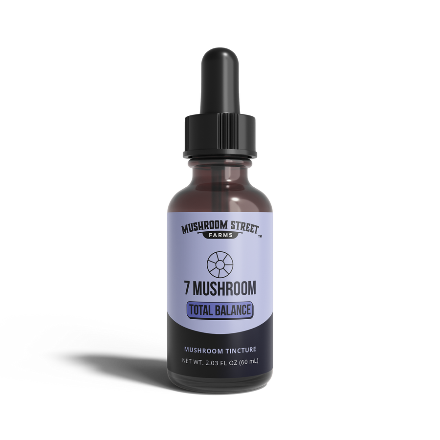 Bottle of '7 Mushroom Total Balance' tincture from Mushroom Street Farms on a white background