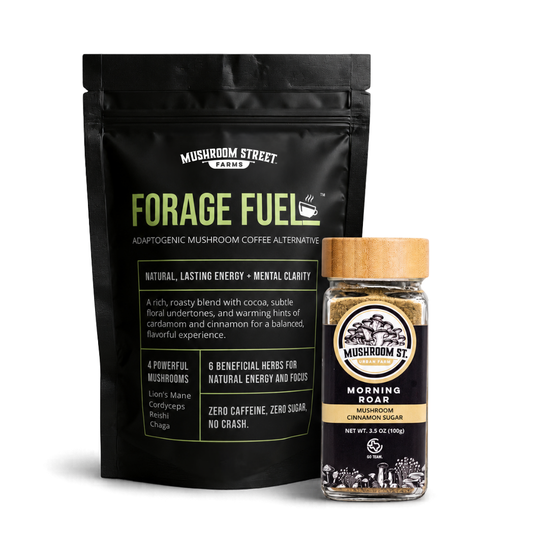Mushroom Street Farms Forage Fuel package and Morning Roar jar