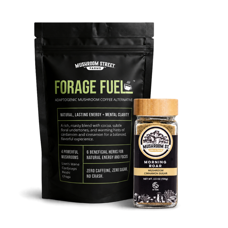 Mushroom Street Farms Forage Fuel package and Morning Roar jar