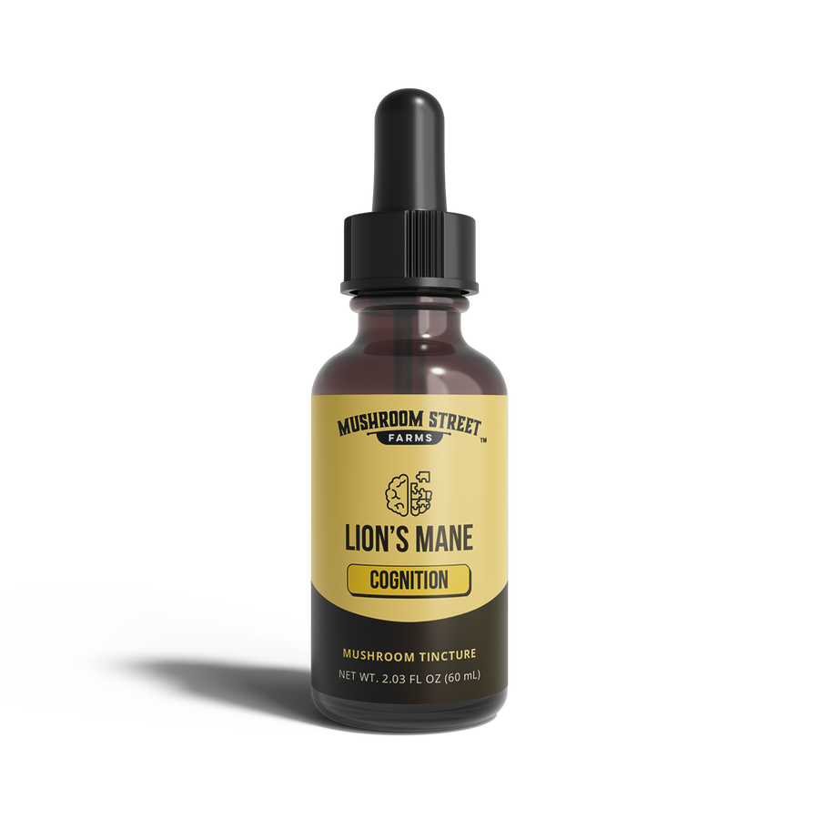 Bottle of Lion's Mane cognition mushroom tincture from Mushroom Street Farms on a white background
