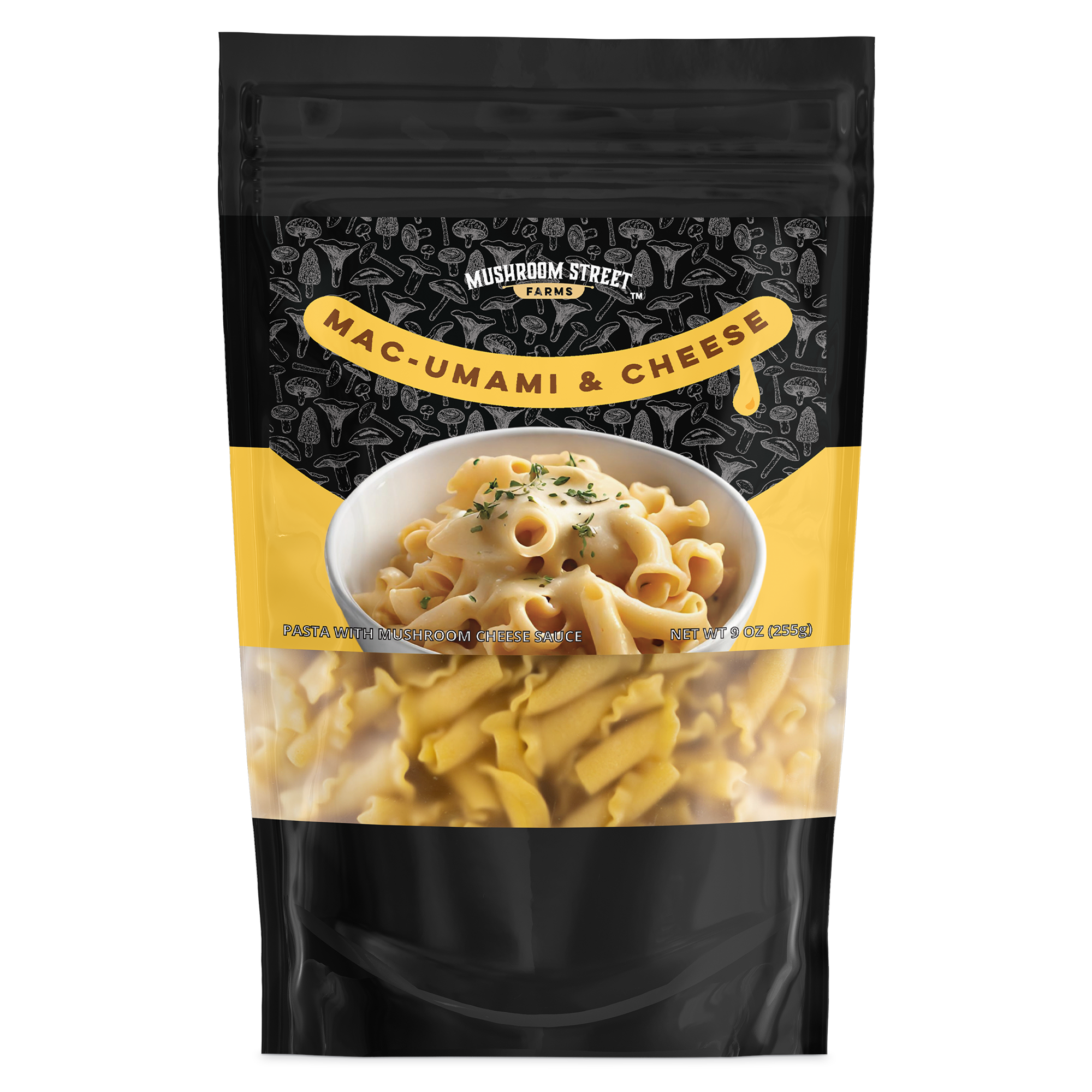 Mushroom Street Farms Mac-Umami & Cheese product packaging on a white background
