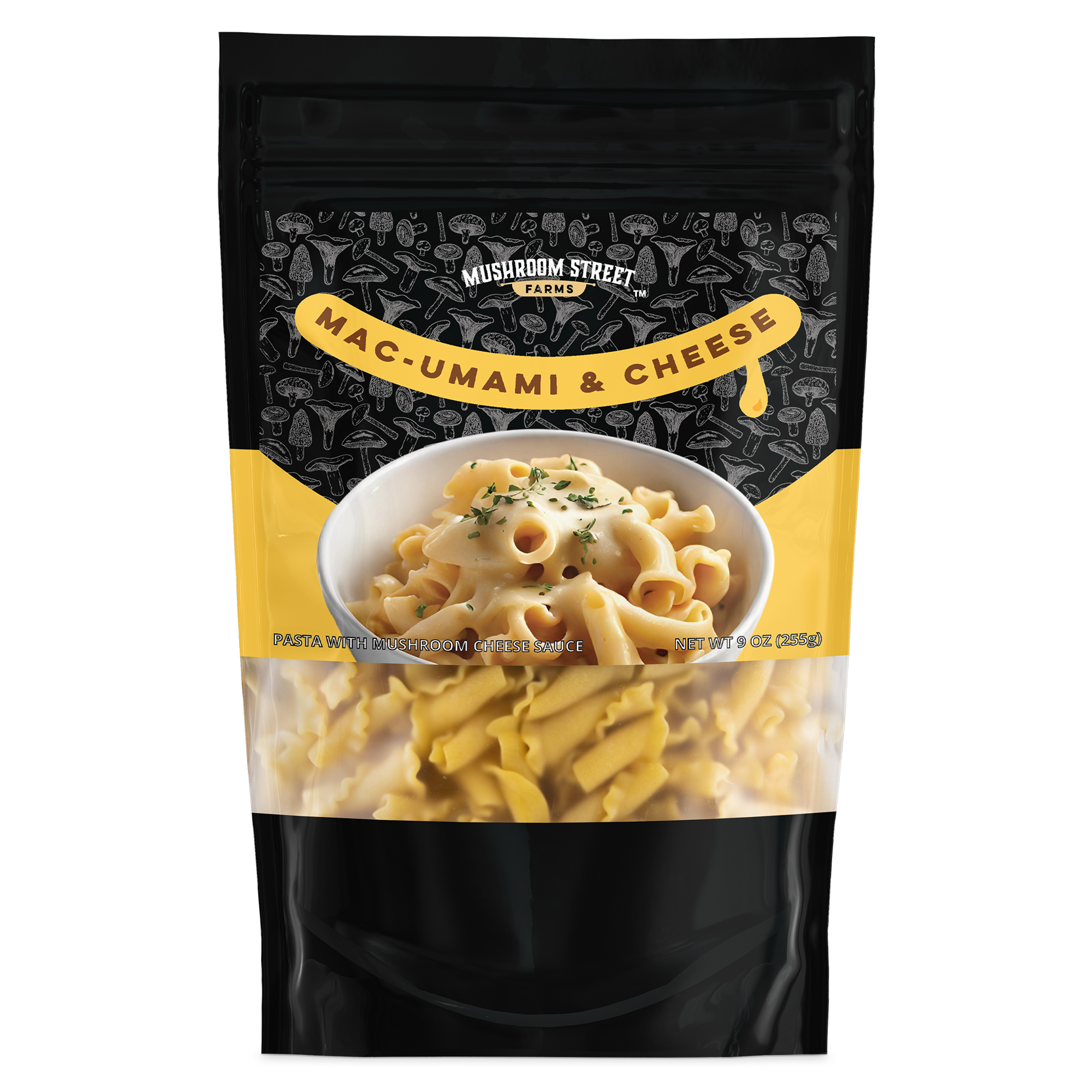 Mushroom Street Farms Mac-Umami & Cheese product packaging on a white background