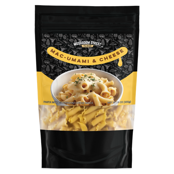 Mushroom Street Farms Mac-Umami & Cheese product packaging on a white background