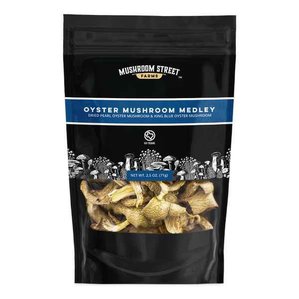 Pouch of Mushroom Street Farms Dried Oyster Mushroom Medley containing dried pearl, blue and king oyster mushrooms