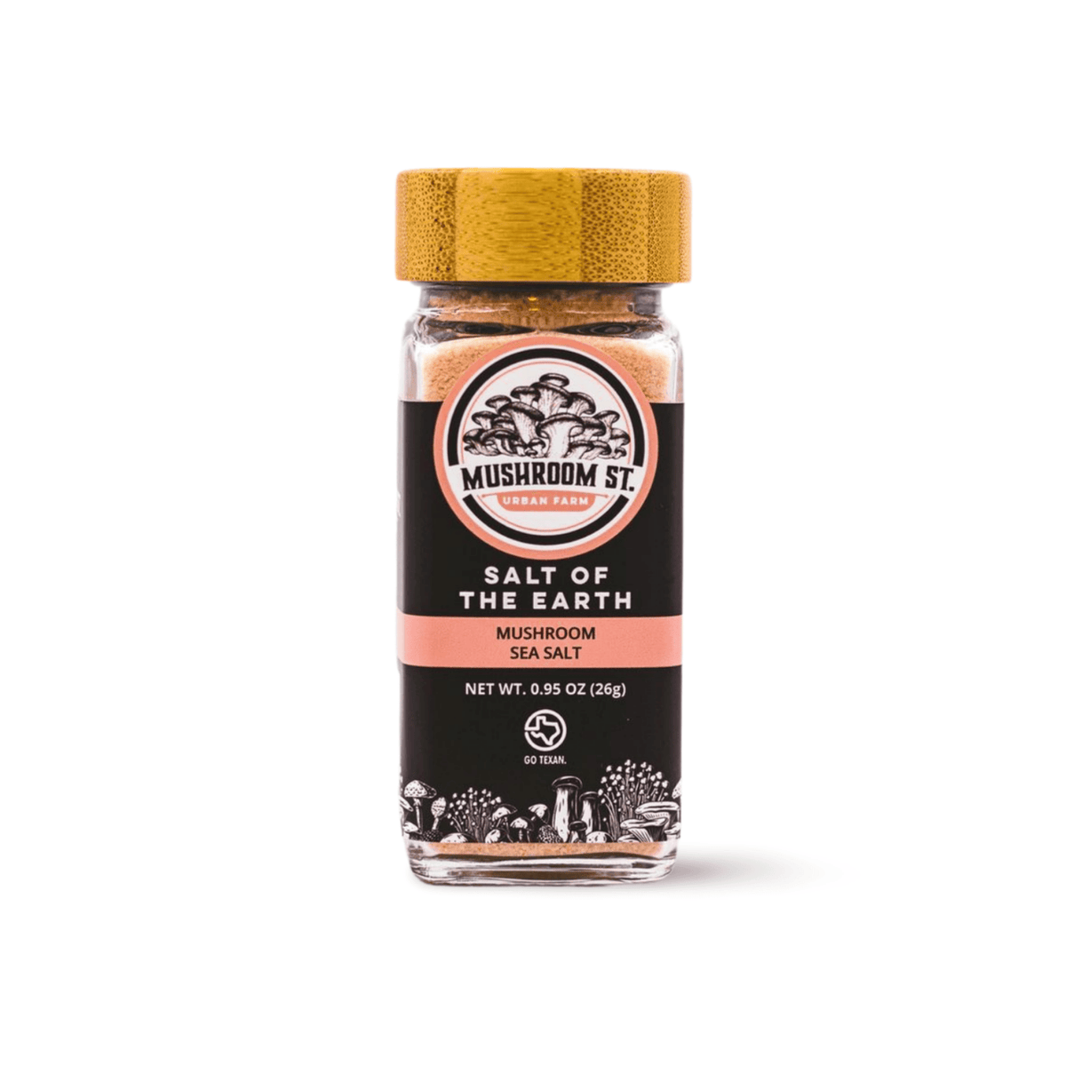 Jar of Mushroom St. Salt of the Earth mushroom sea salt on a white background