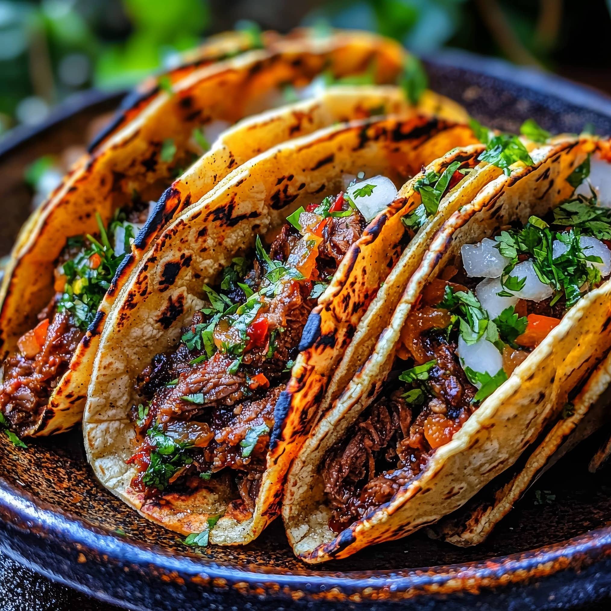 Plated vegan birria tacos