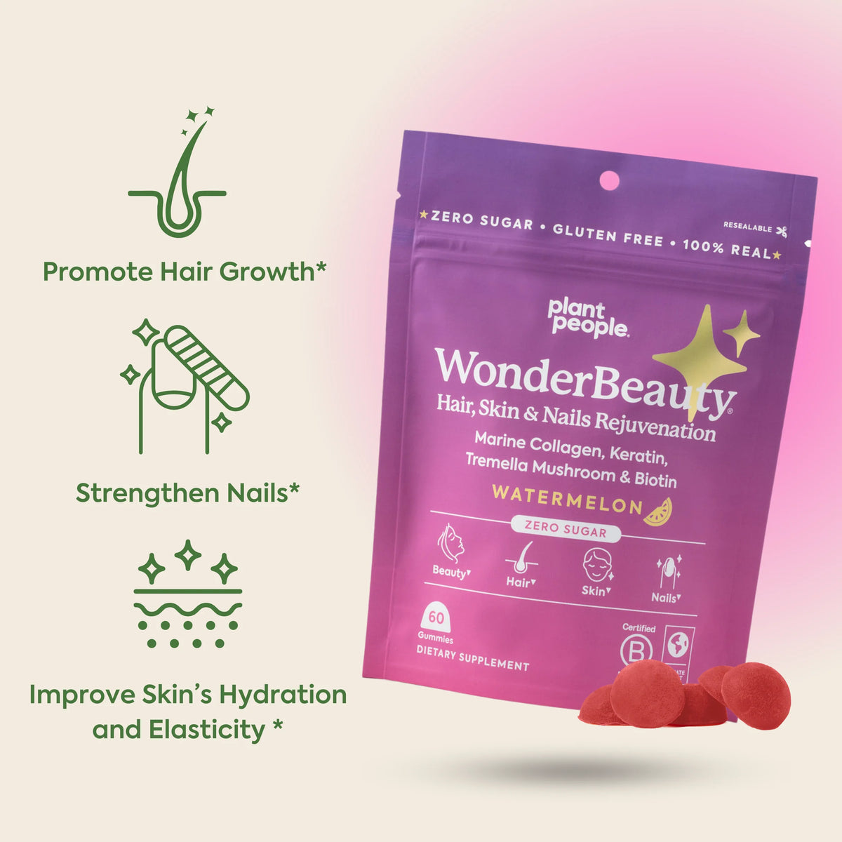 WonderBeauty gummy pouch styled with watermelon and tremella mushroom