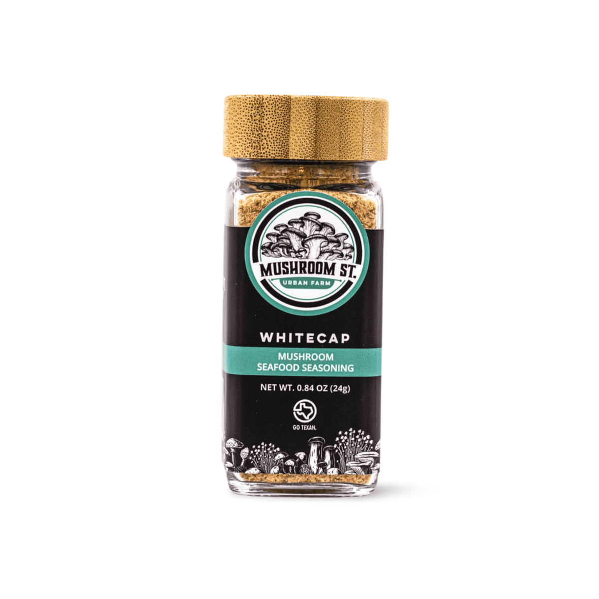 Jar of Mushroom St. Whitecap mushroom seafood seasoning on a white background