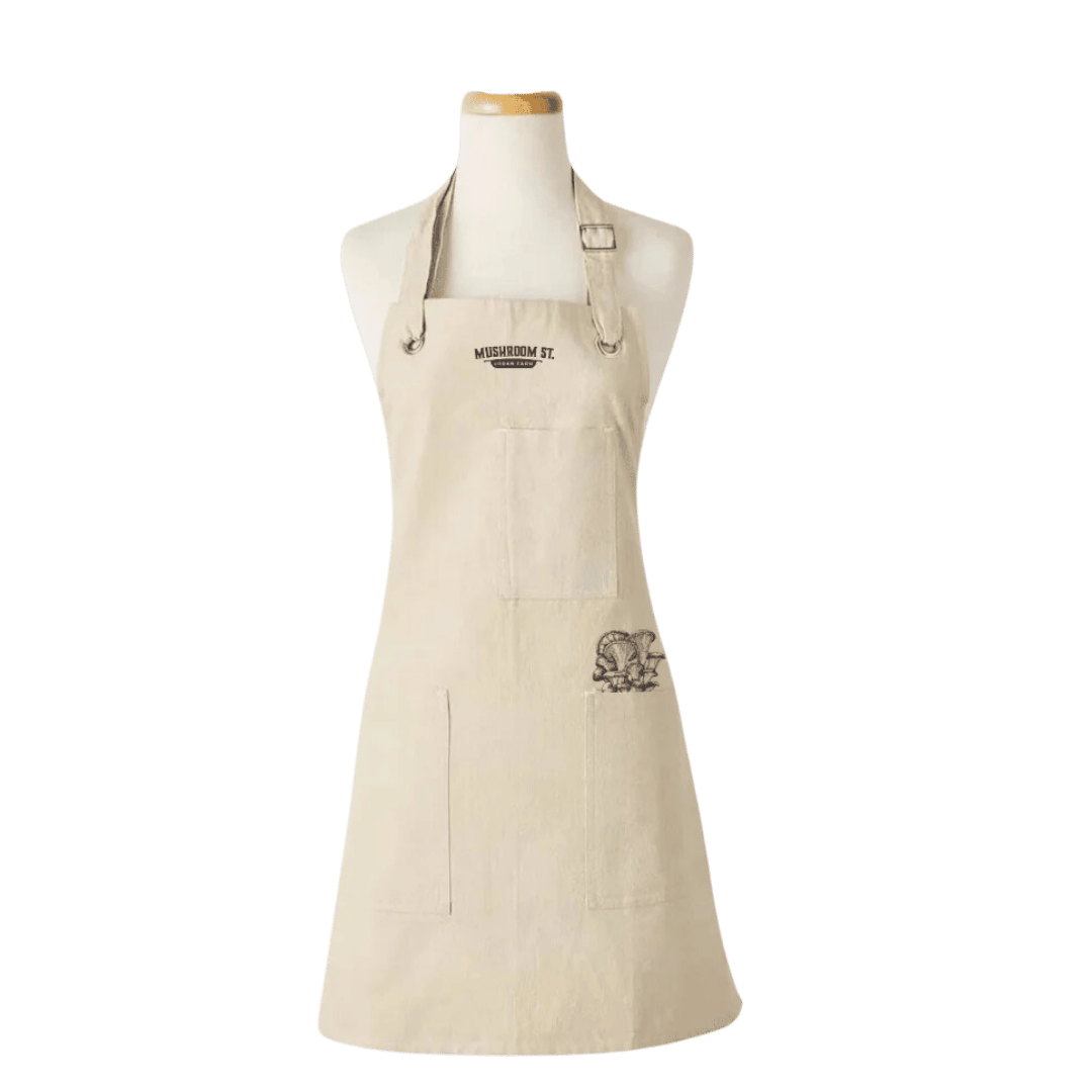 Chambray apron with Mushroom Street logo