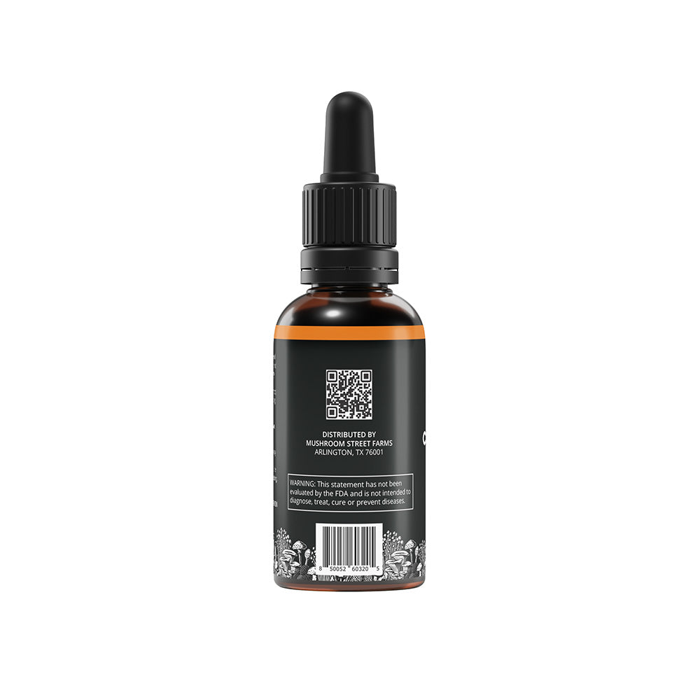 Side of Mushroom Street Farms Cordyceps Tincture displaying product QR code