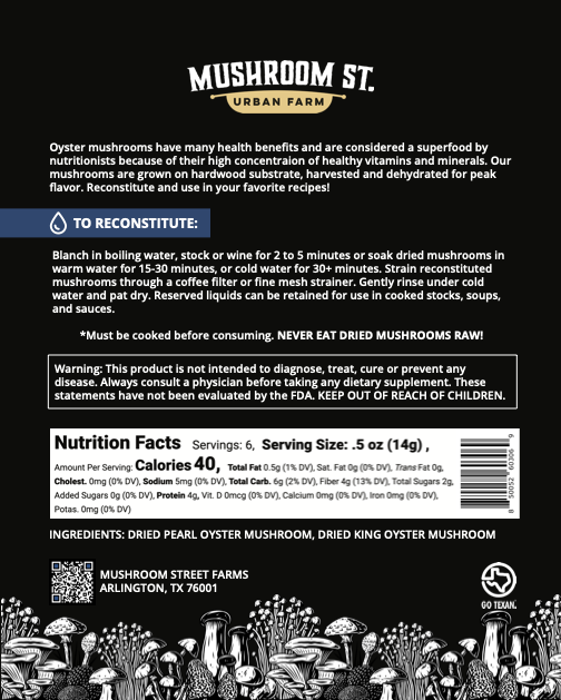 Back of the Dried Oyster Mushroom Medley pouch showing reconstitution instructions, nutrition facts and ingredients