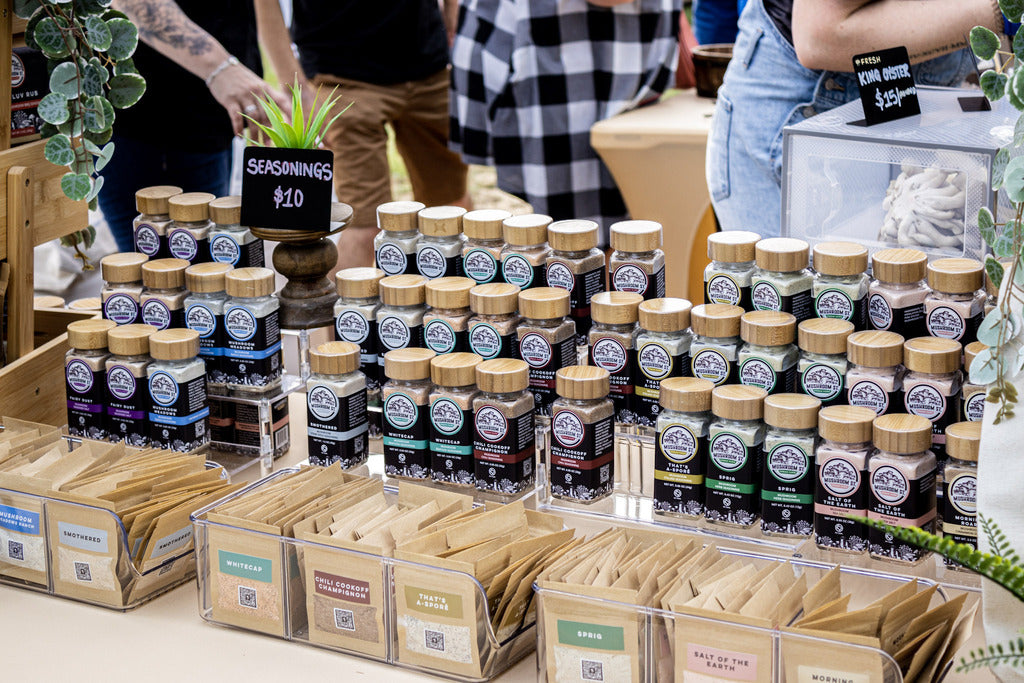 Mushroom Street seasonings displayed at Pantego's Farmers Market