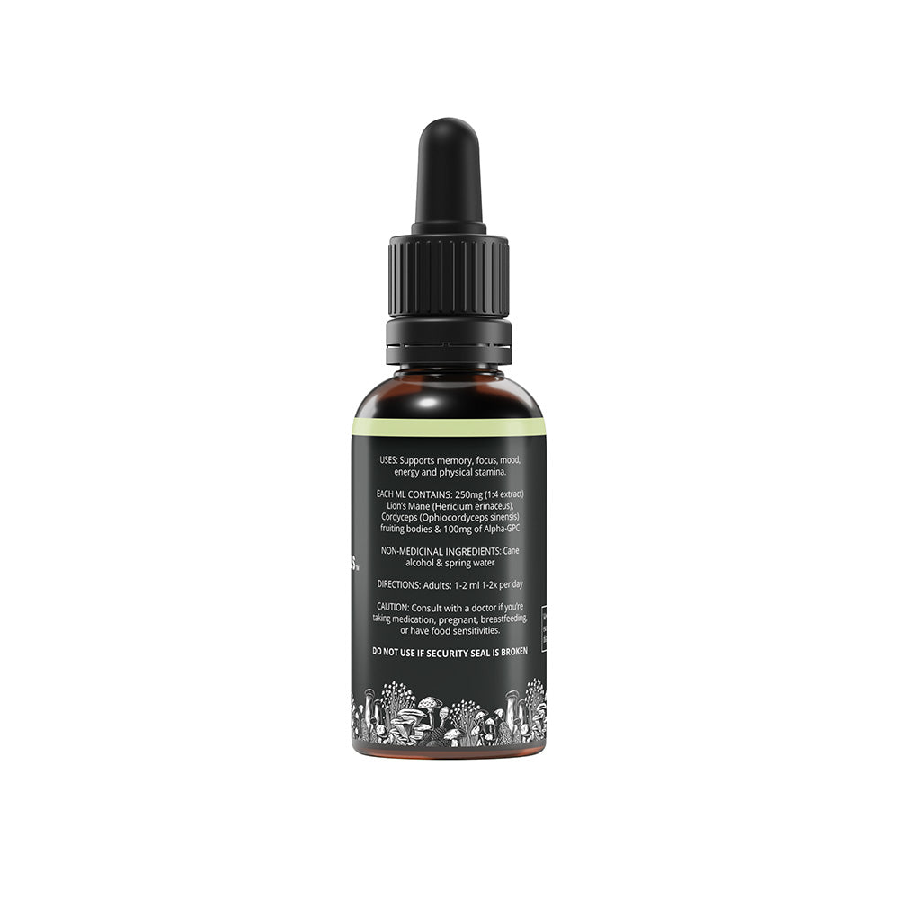 Side of Mushroom Street Farms Force & Focus Tincture label