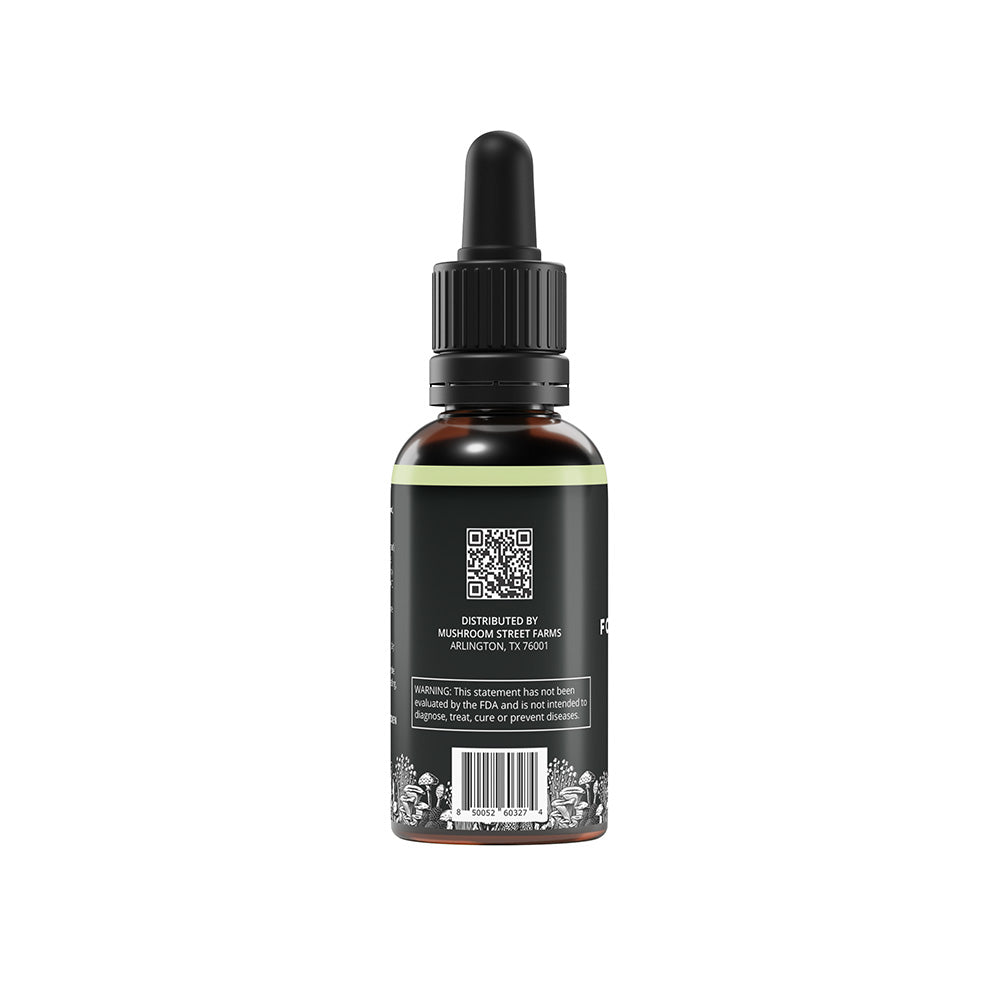 Side of Mushroom Street Farms Force & Focus Tincture displaying product QR code