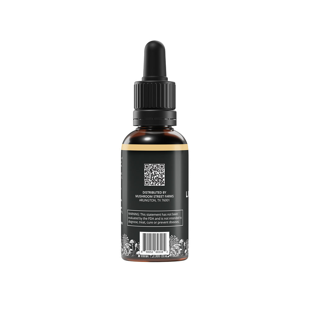 Side of Mushroom Street Farms Lion's Mane Tincture displaying product QR code