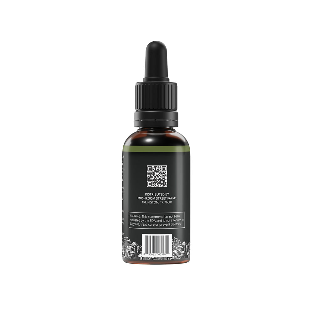 Side of Mushroom Street Farms Maitake Tincture displaying product QR code