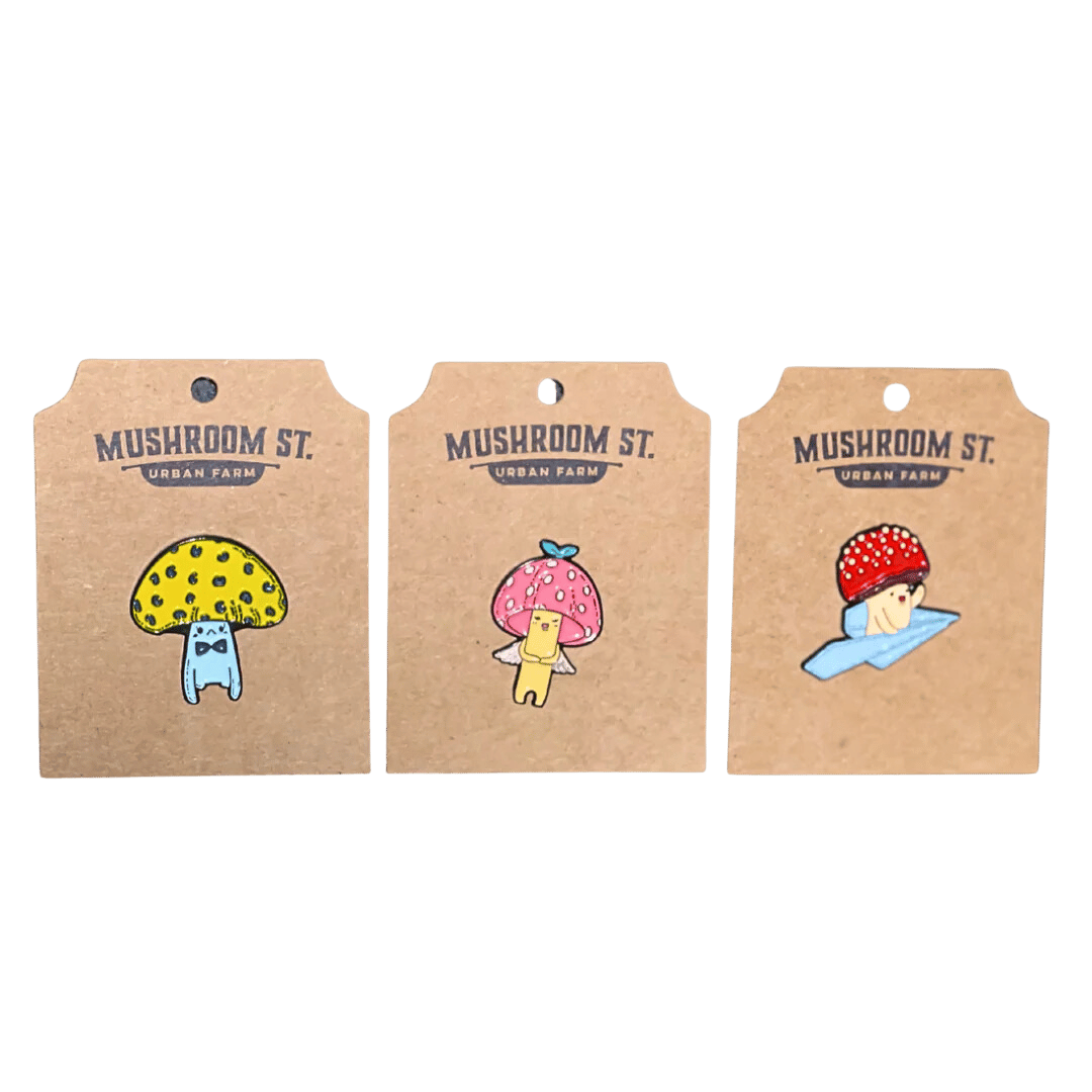 Mushroom character enamel pins