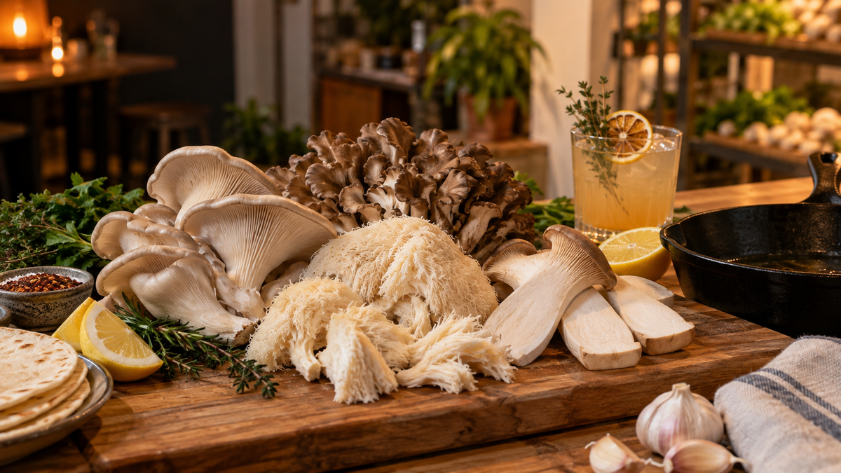 Oyster, maitake, lion's mane and king trumpet mushrooms on a wooden board with tortillas, lemon and a mocktail