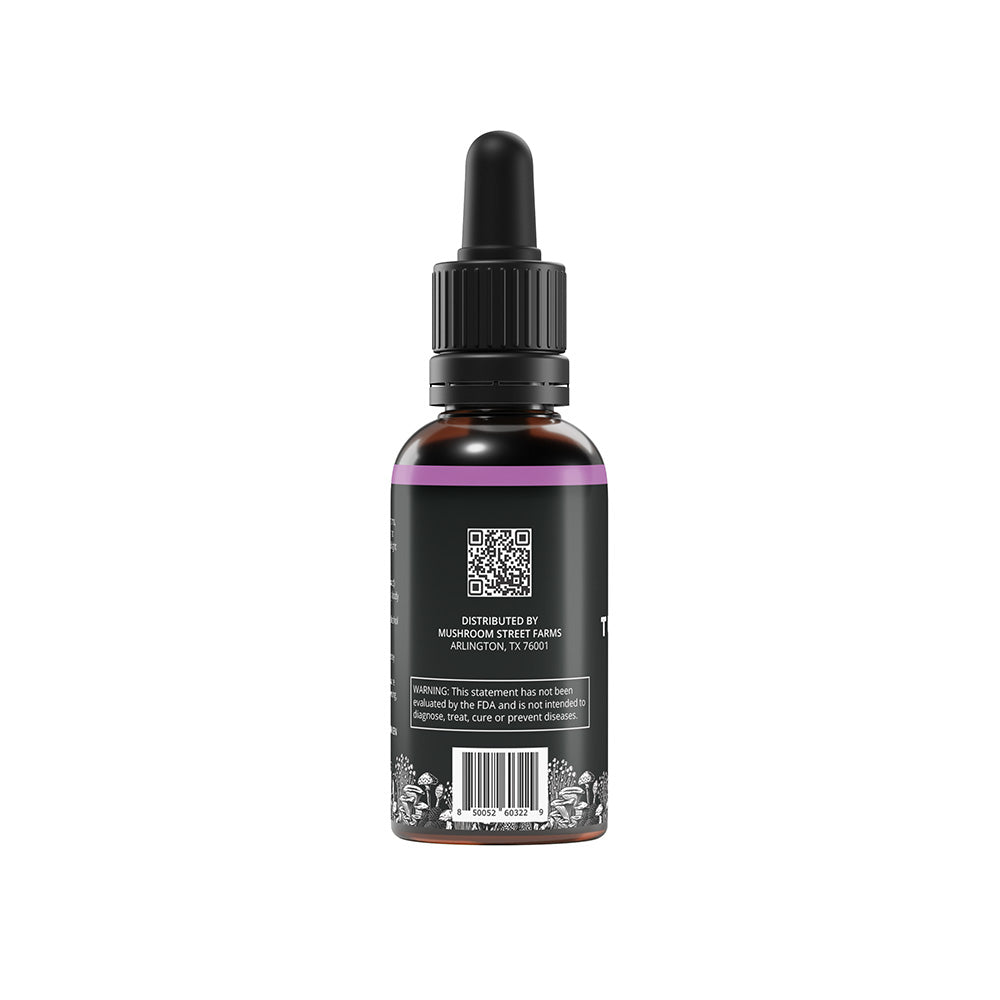 Side of Mushroom Street Farms Turkey Tail Tincture displaying product QR code